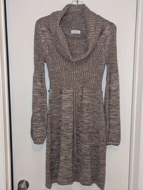 Calvin Klein Beige Grey Cowl Neck Drawstring Waist Midi Sweater Dress